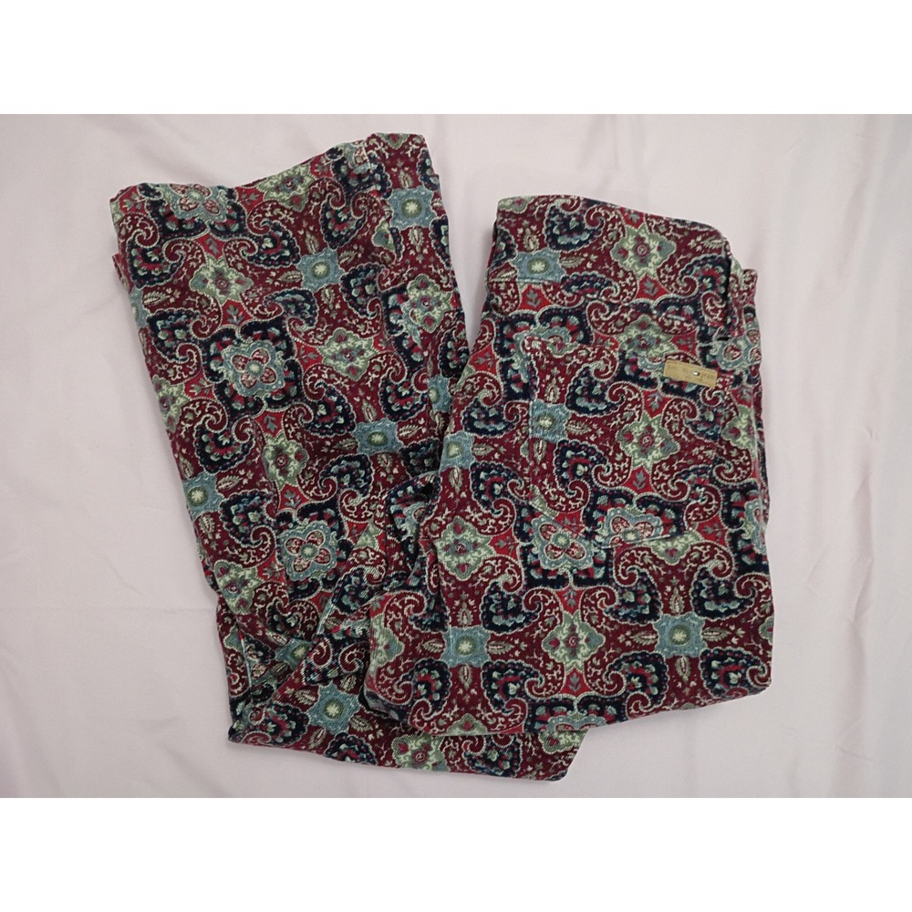 Tommy Jeans Vintage Corduroy Paisley Tapestry Print Flare Pants Burgundy Size 5